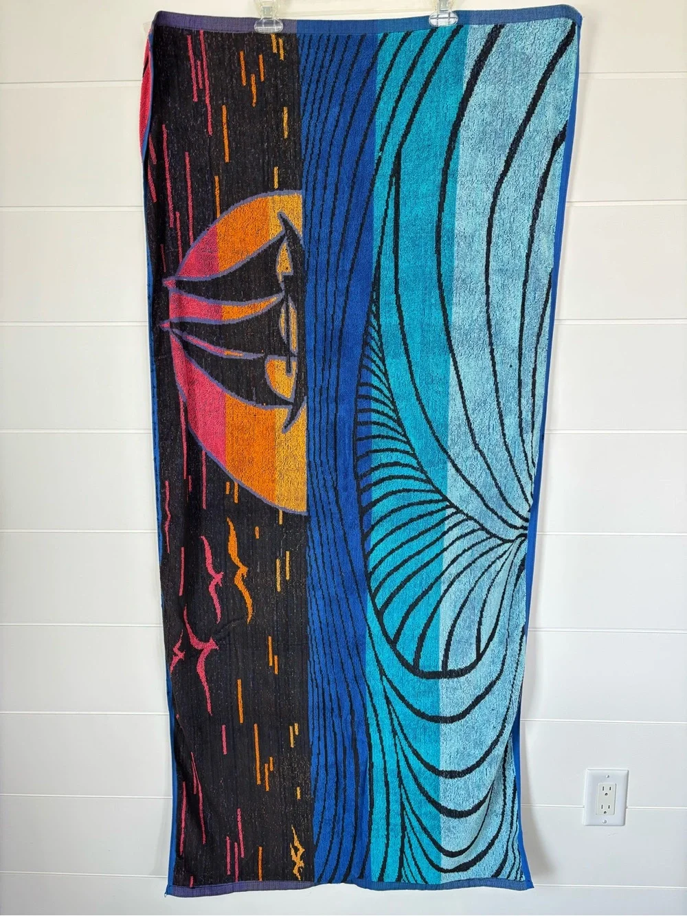 Two Vintage Reversible Woven Cotton Beach Towels with Sailboat Sunset 80s